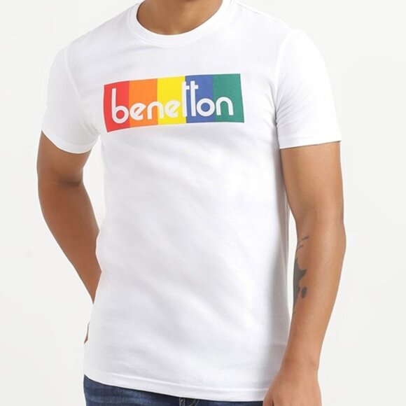 nwot UNITED COLORS OF BENETTON Unisex Rainbow Logo 100% Cotton T-Shirt in White - Picture 1 of 10